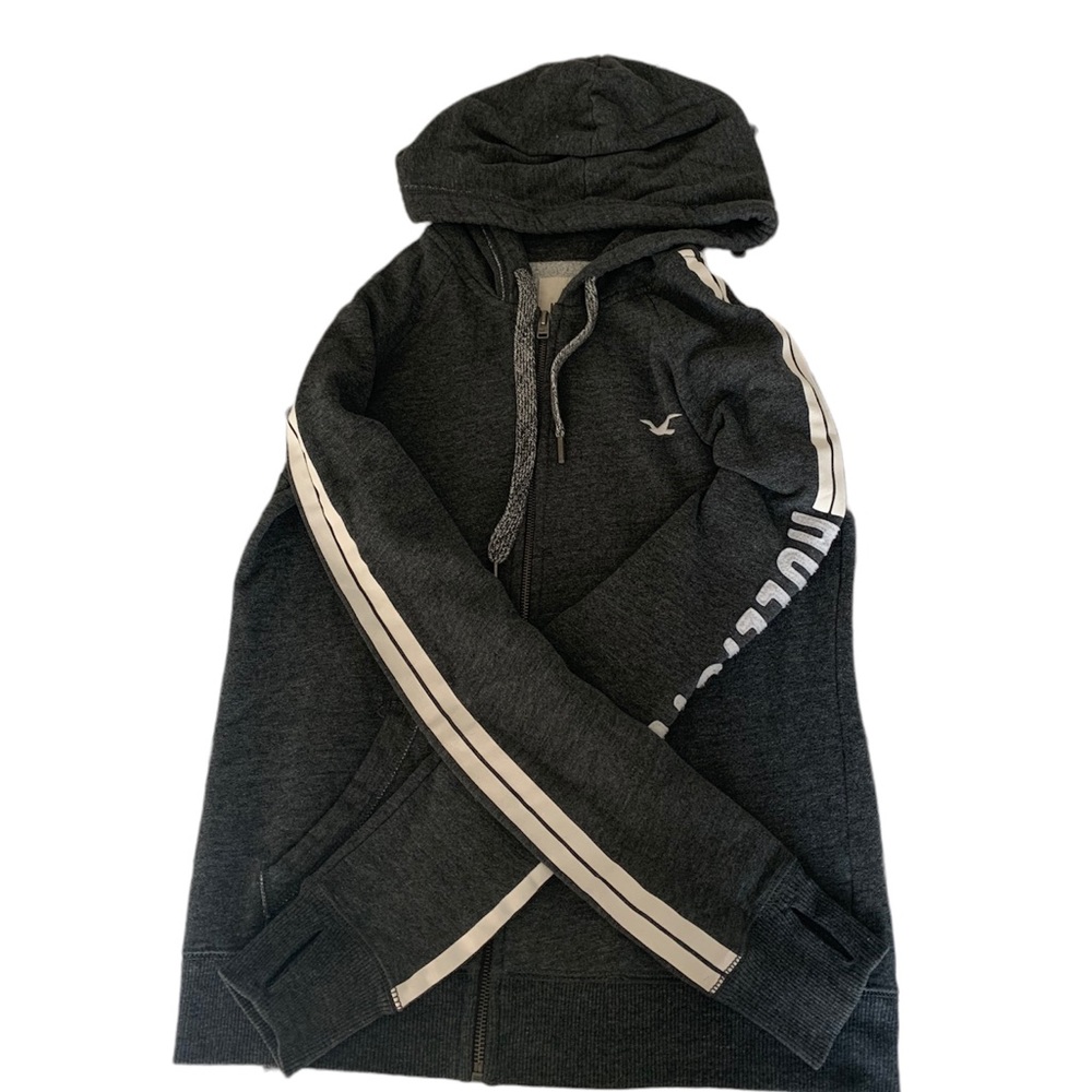 Hollister cozy grey zip up with white strips down the side